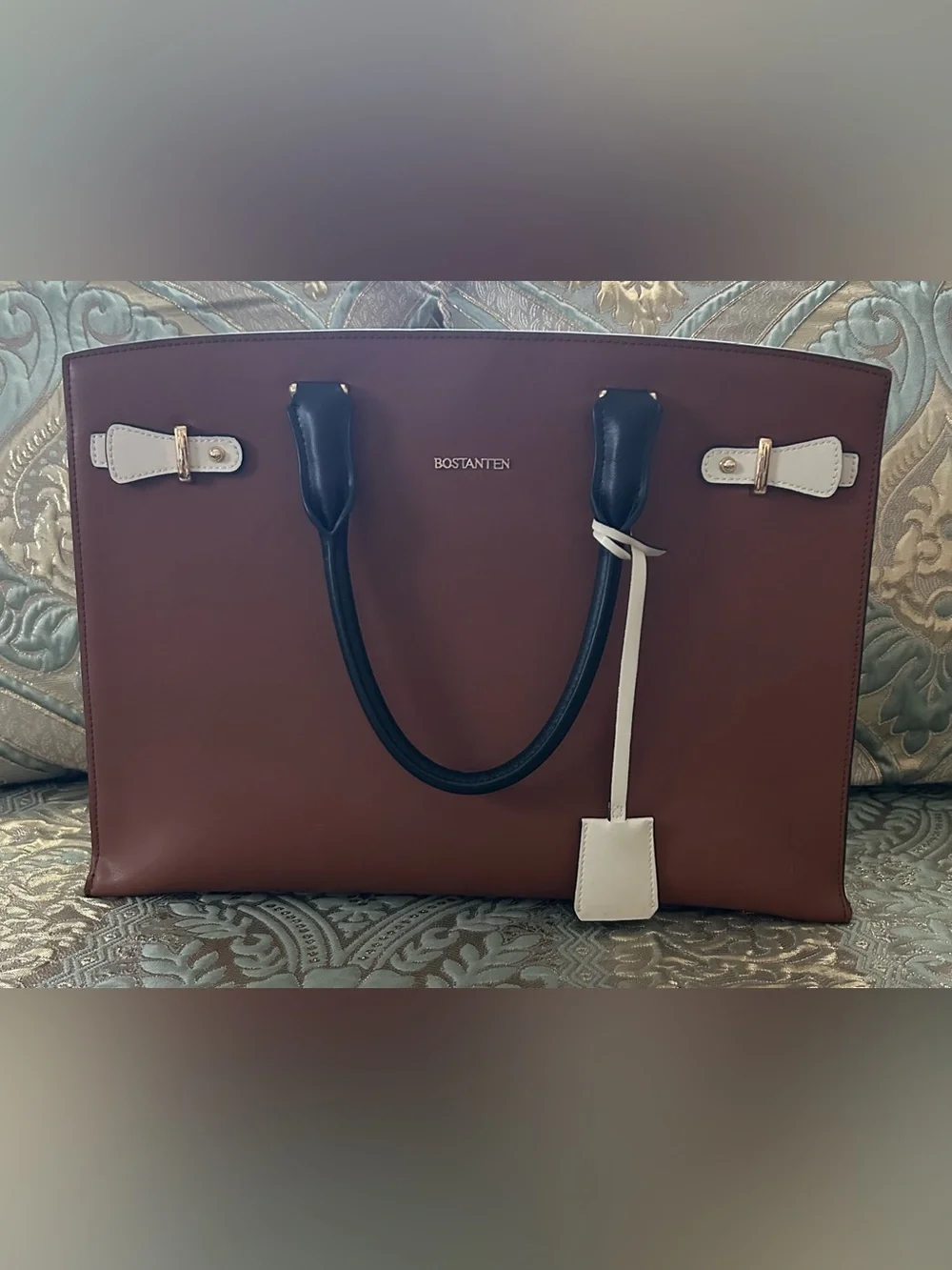 Bostanten Brown Leather Tote Bag with Black Handles without the shoulder strap